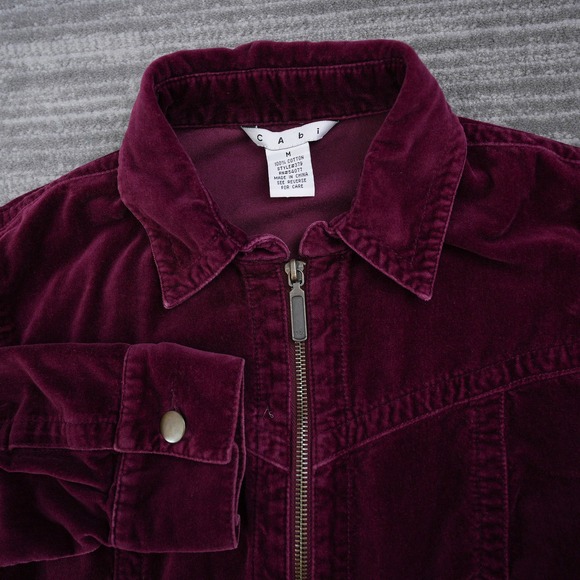 CAbi Jackets & Blazers - Cabi Burgundy Plum Velvet Zip Up Jacket Style 379 Women's Medium Cotton Collar